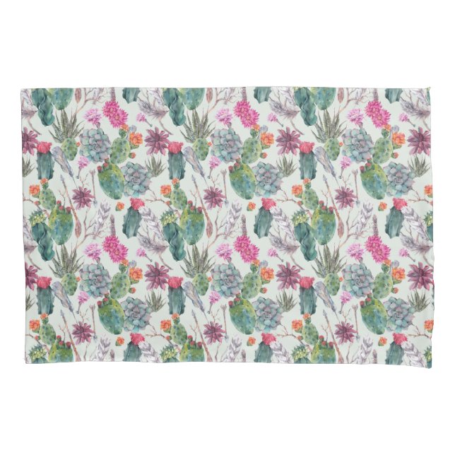 Exotic Boho Watercolor Cactus & Succulent Pattern Pillowcase (Front-Left)