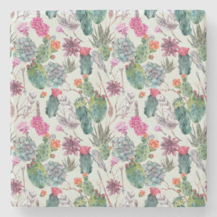 Exotic Boho Watercolor Cactus & Succulent Pattern Stone Coaster