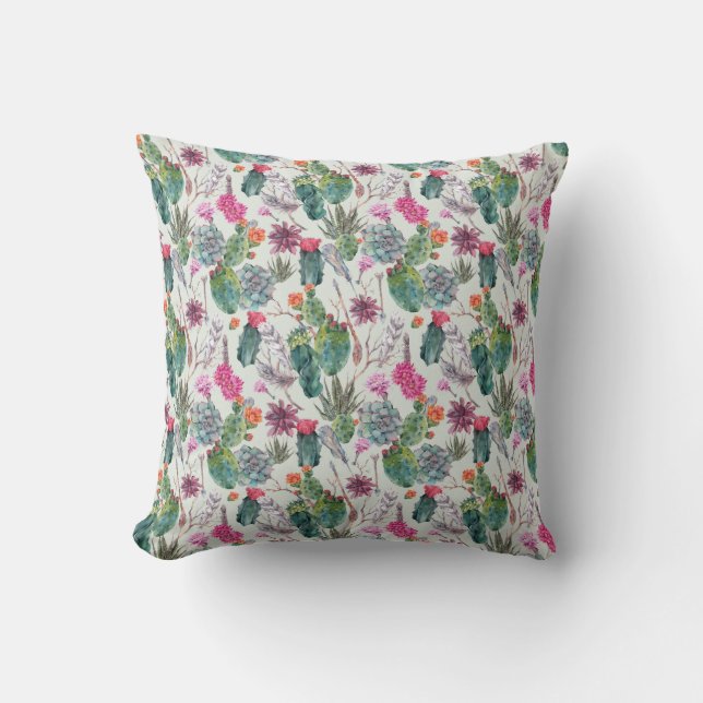 Exotic Boho Watercolor Cactus & Succulent Pattern Throw Pillow (Front)