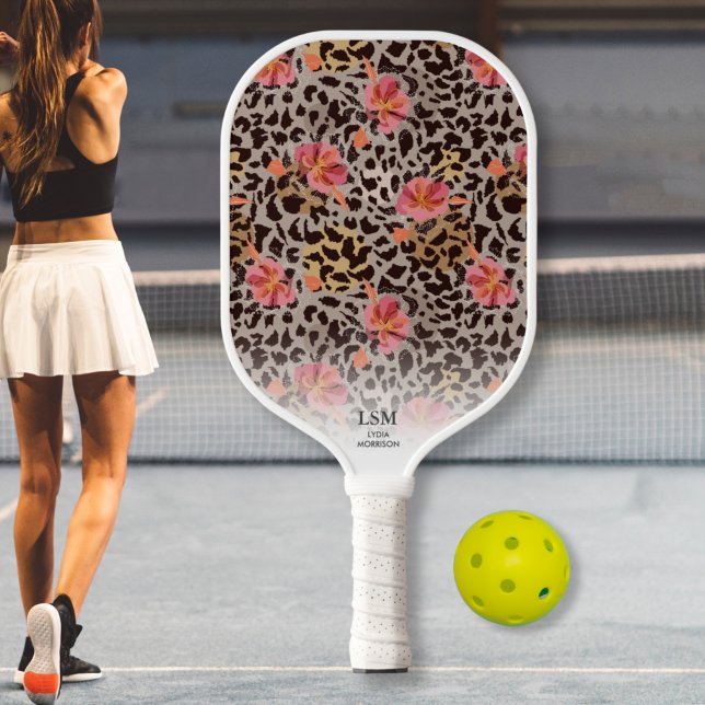 Exotic Cheetah Hibiscus Floral Pattern Custom Text Pickleball Paddle (Creator Uploaded)