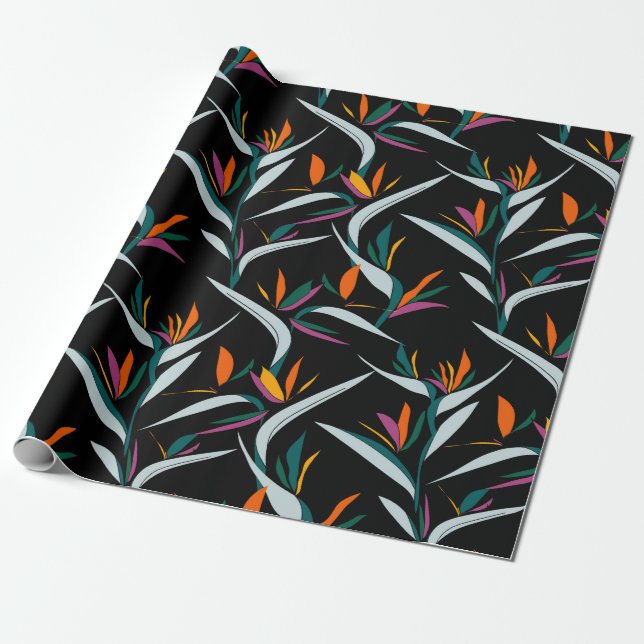 Exotic colorful bird of paradise flowers pattern wrapping paper (Unrolled)
