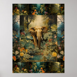 Exotic Colorful Forest Elephant Art Collage Poster