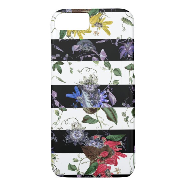 Exotic Colourful Flowers on Black and White Stripe Case-Mate iPhone Case (Back)