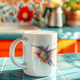 exotic colourful hummingbird in watercolor coffee mug