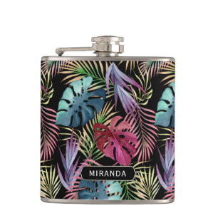 Exotic Colourful Jungle Pattern with Name Hip Flask