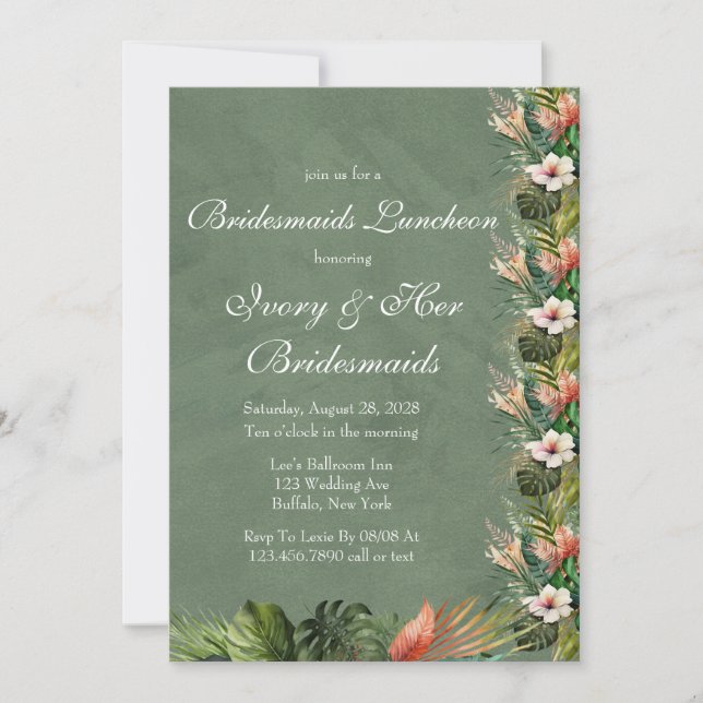 Exotic Colourful Palm Leaves Gold Bridesmaids Lunc Invitation (Front)