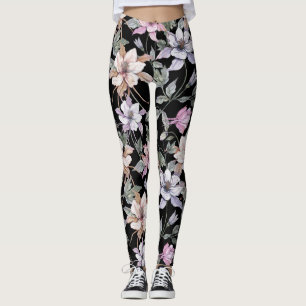 Exotic Columbine: Black Floral Watercolor. Leggings