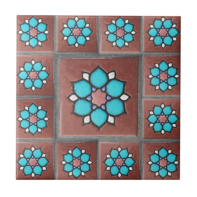 Exotic Copper & Aqua Flower Design Tile (Front)