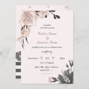 exotic dusty pink dark grey flowers wedding invitation