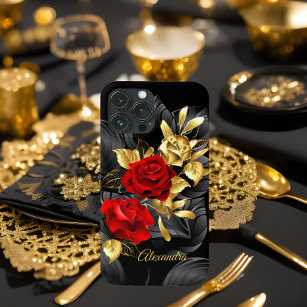 Exotic Elegant Red Rose Floral Rich Gold Black iPhone 15 Case