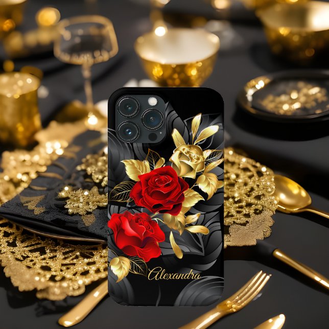 Exotic Elegant Red Rose Floral Rich Gold Black Case-Mate iPhone Case