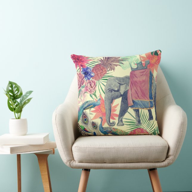  Exotic Elephant Peacock Pretty Throw Pillow (Chair)