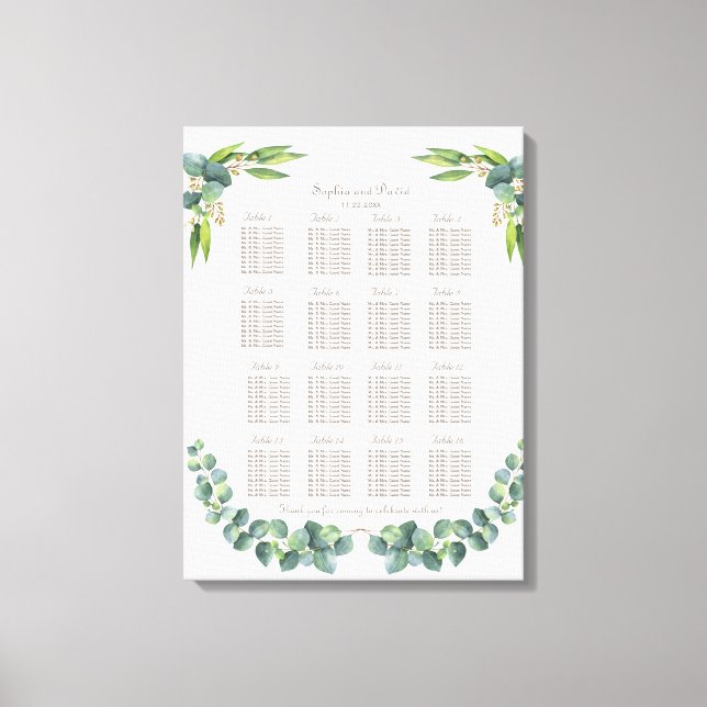 Exotic Eucalyptus Leaves Wedding Seating Chart Canvas Print (Front)