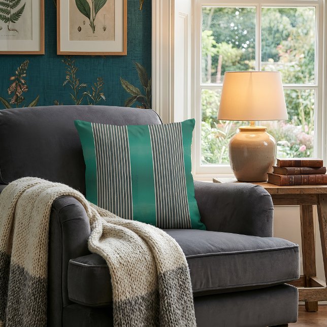Exotic Faux Snake Leather Linear Stripe Turquoise Throw Pillow (Vorderseite des Kissens)