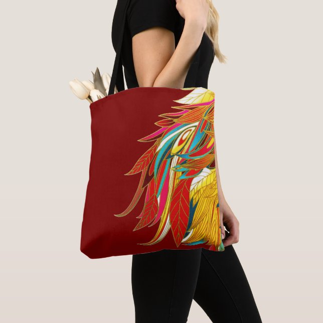 Exotic Feathers on Red Tote Bag (Close Up)