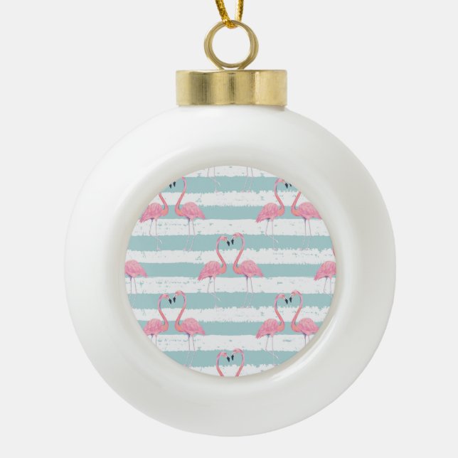 Exotic Flamingo Striped Background Pattern Ceramic Ball Christmas Ornament (Front)