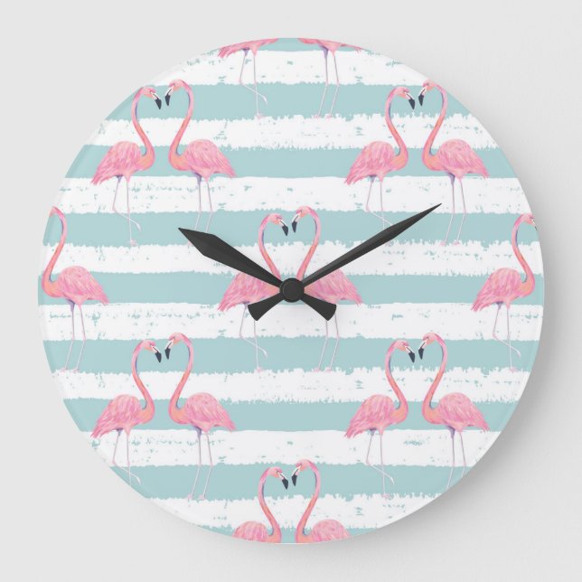 Exotic Flamingo Striped Background Pattern Large Clock (Front)