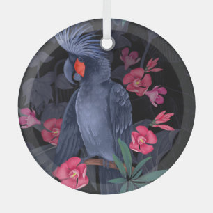 Exotic Floral Black Parrot: Tropical Nature Glass Ornament