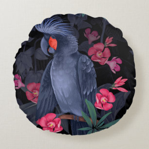 Exotic Floral Black Parrot: Tropical Nature Round Pillow