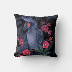 Exotic Floral Black Parrot: Tropical Nature Throw Pillow