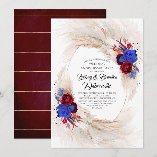 Exotic Floral Pampas Grass Wedding Anniversary Invitation (Front/Back)