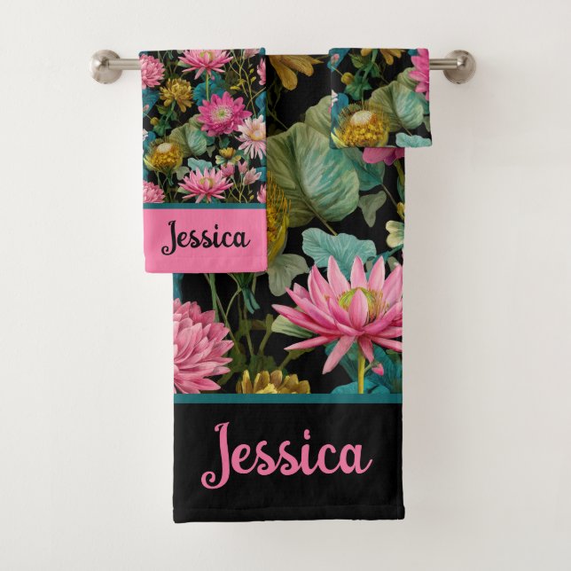 Exotic Floral Pattern Lush Tropical Leaves Name  Bath Towel Set (Insitu)