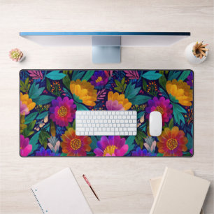Exotic Flower Blossoms Colorful Botanical Pattern Desk Mat