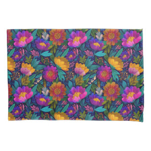 Exotic Flower Blossoms Vibrant Tropical Pattern  Pillowcase
