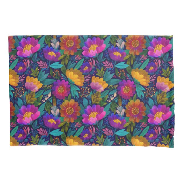 Exotic Flower Blossoms Vibrant Tropical Pattern  Pillowcase (Front)