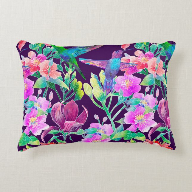 Exotic flowers and birds accent pillow (Front)