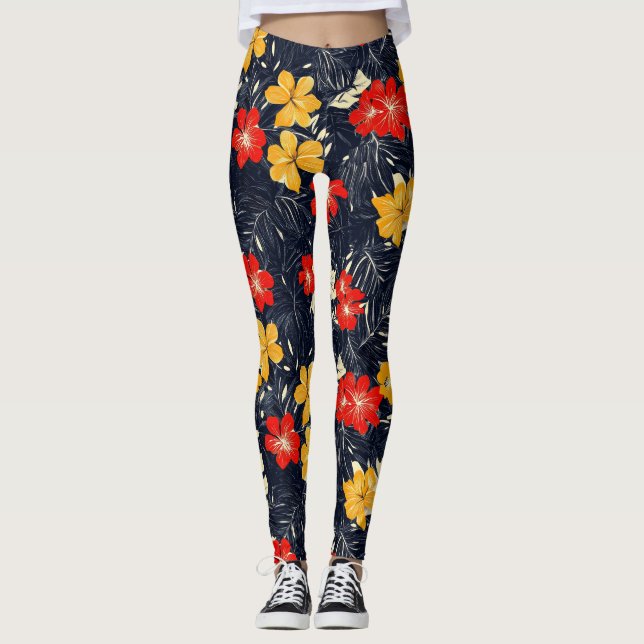 Exotic Flowers Floral Pattern Leggings (Front)