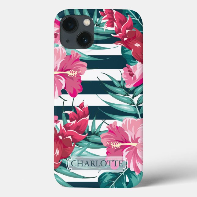 Exotic Flowers Monogram striped Case-Mate iPhone Case (Back)