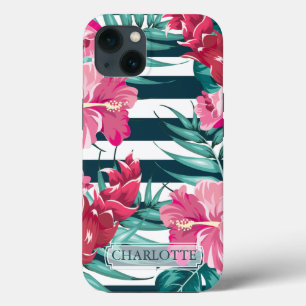 Exotic Flowers Monogram striped iPhone 13 Case