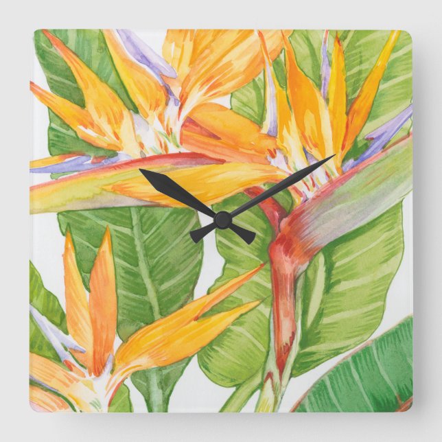 Exotic Flowers Watercolor Square Wall Clock (Front)