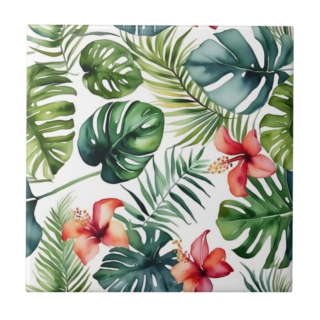 Exotic Foliage Tropical Watercolor And Flowers Tile (Front)