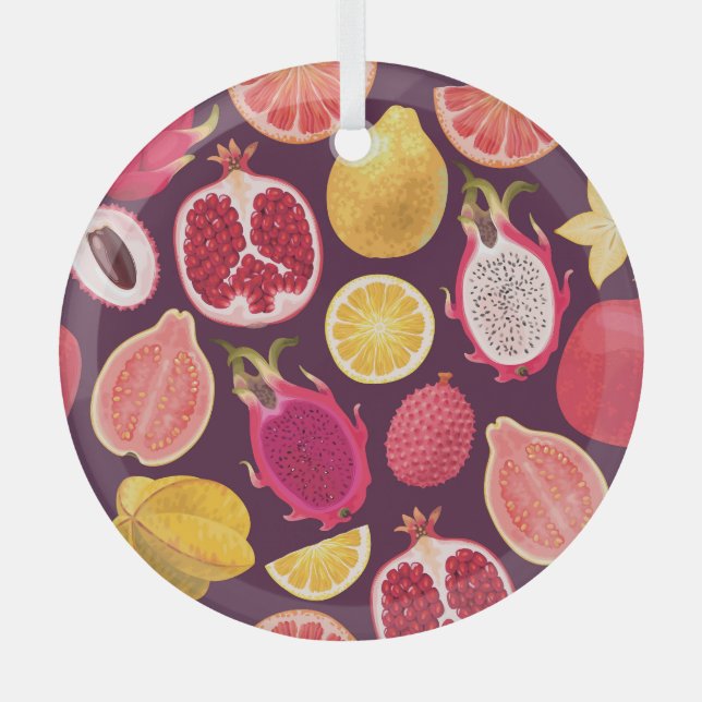 Exotic fruit: colourful seamless pattern glass ornament (Front)