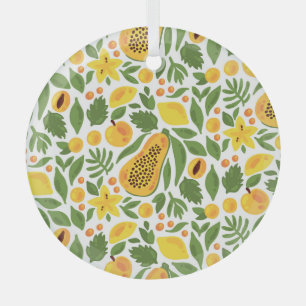 Exotic Fruits Ensemble: Papaya, Lemon, Mango Glass Ornament