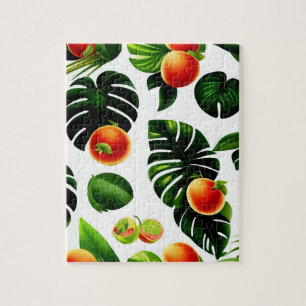 Exotic Fruits Pattern and Decorative Green Leaves Jigsaw Puzzle