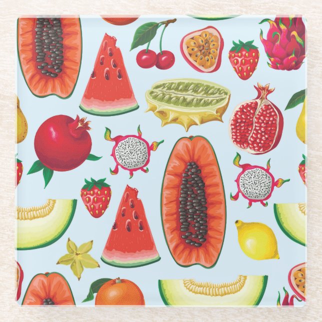 Exotic Fruits: Trendy Print Seamless. Glass Coaster (Front)