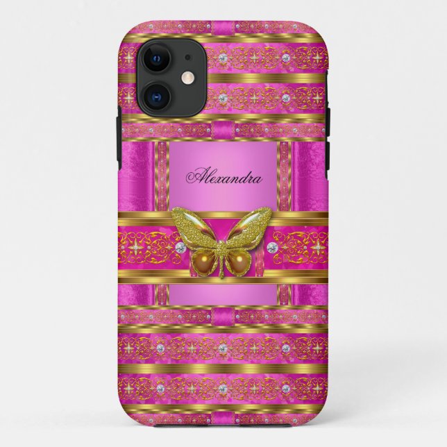 Exotic Gold Hot Pink Butterfly Diamond Case-Mate iPhone Case (Back)