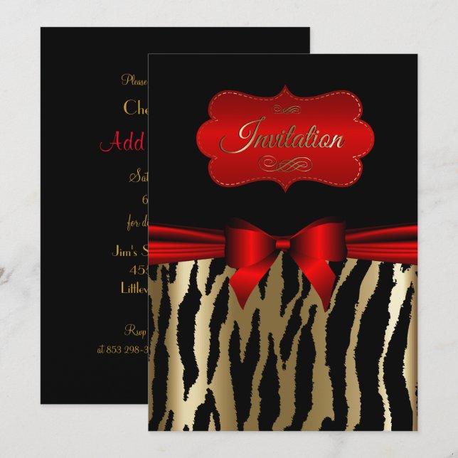 Exotic Gold & Red Zebra Party Invitations (Front/Back)