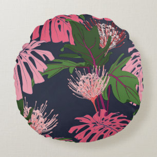 Exotic green and pink tropical palm leaves and pro round pillow