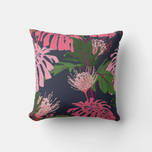 Exotic green and pink tropical palm leaves and pro throw pillow