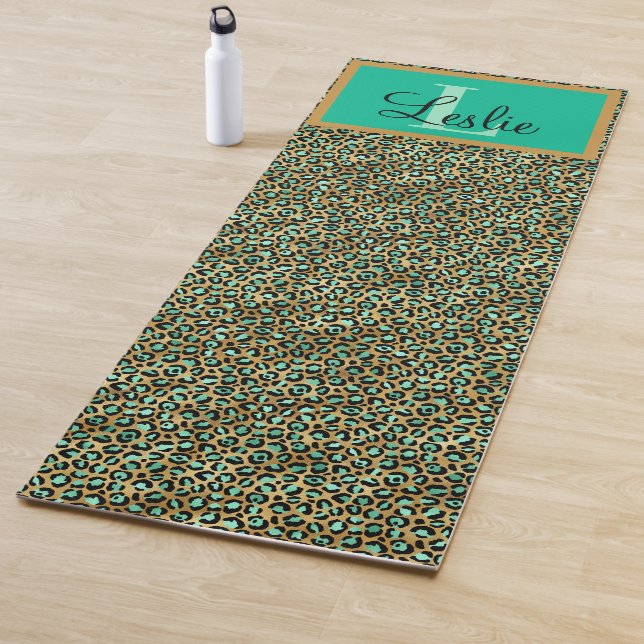 Exotic Green Gold Black Leopard Print Monogrammed Yoga Mat (In Situ)