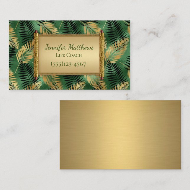 Exotic Green & Gold Safari Jungle Leaf Design  Business Card (Front/Back)