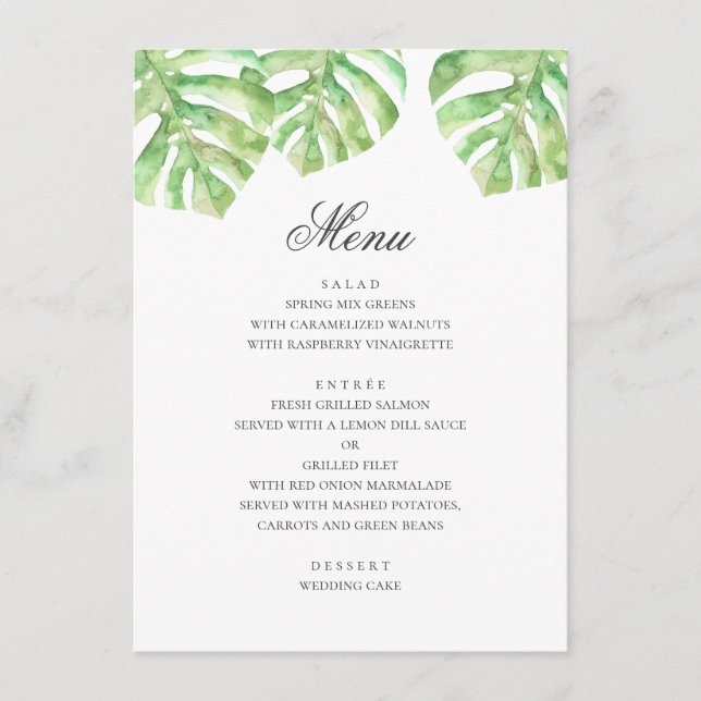 Exotic green leaves. Summer tropical wedding Menu (Front)