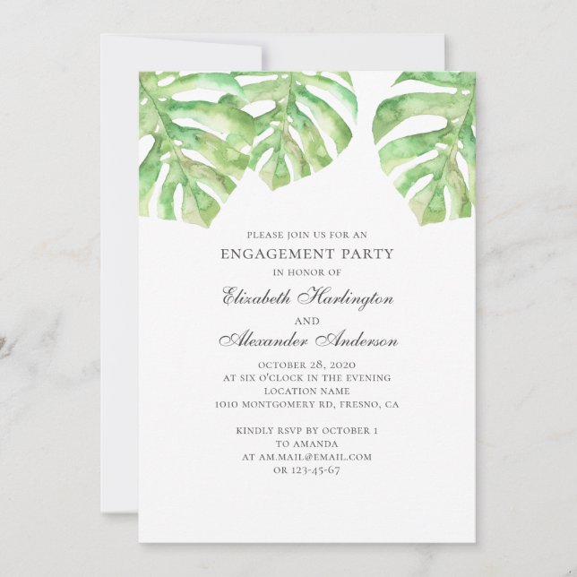 Exotic green leaves. Tropical engagement party Invitation (Front)