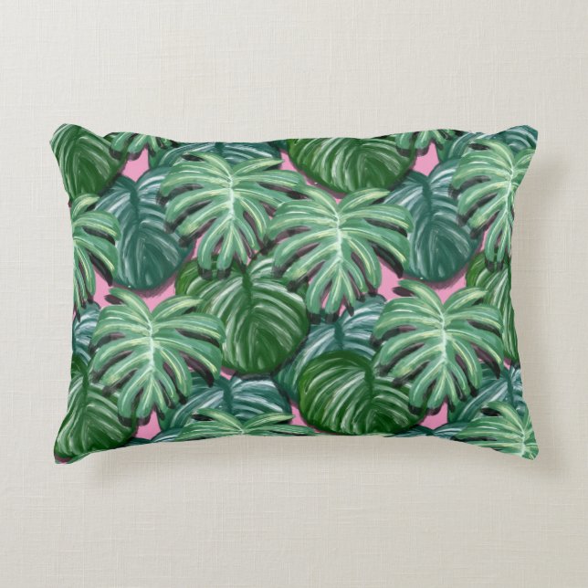 Exotic Green Tropical Leaves Pattern Accent Pillow (Front)