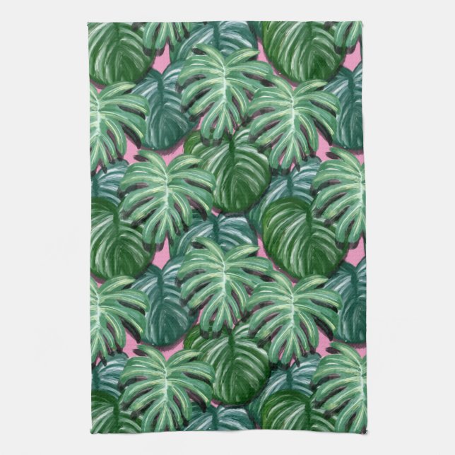 Exotic Green Tropical Leaves Pattern Kitchen Towel (Vertical)