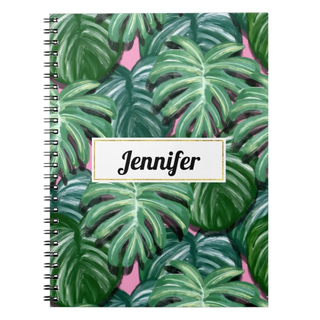 Exotic Green Tropical Leaves Pattern Notebook (Front)